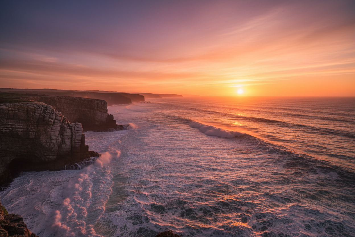 ocean and cliffs at sunset